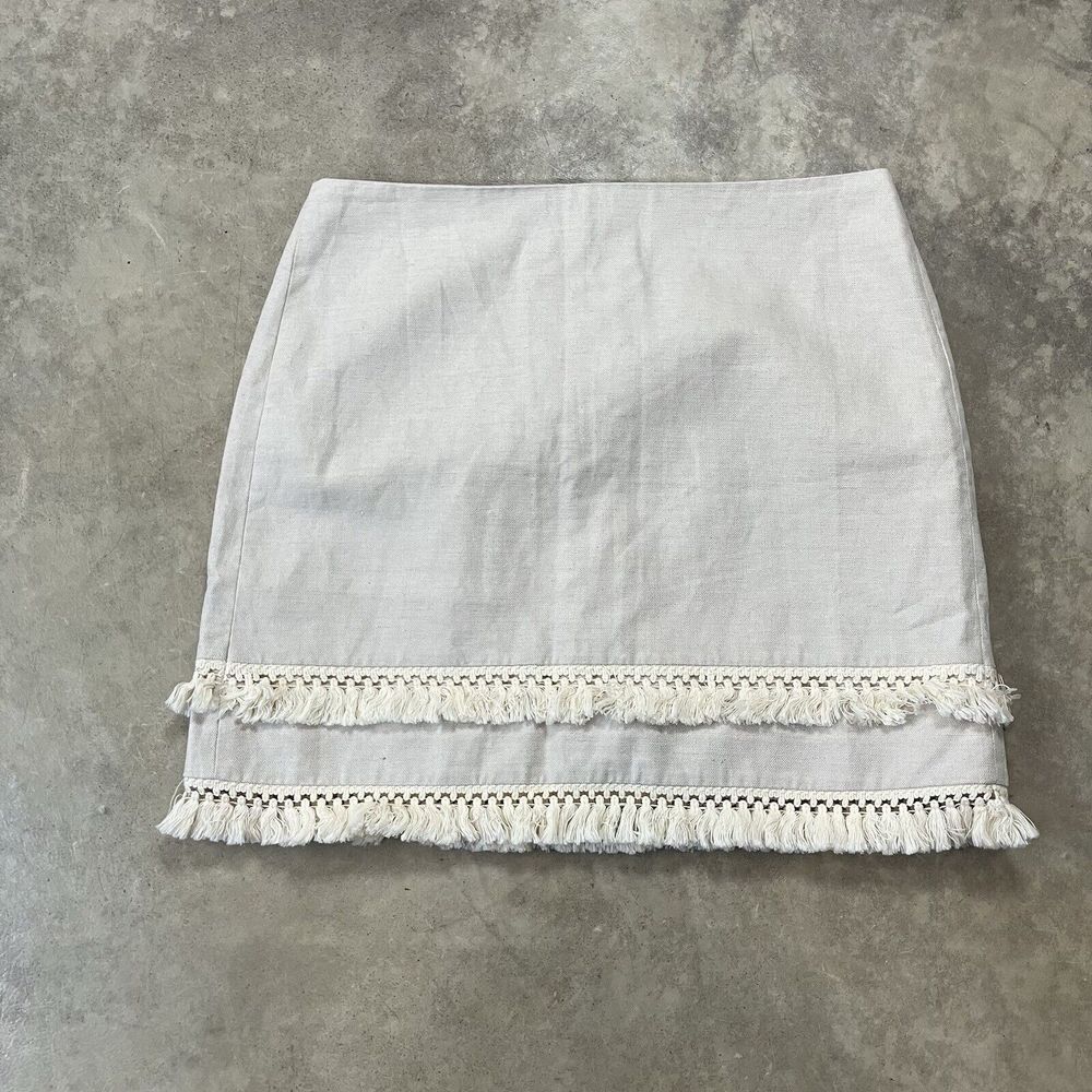 Ann‎ Taylor Loft Skirt Womens 12 Beige Linen Blend Tassel Tiered Office